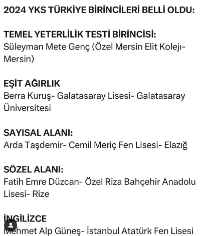 2024 Yılı YKS Birincileri Belli Oldu. İşte Birincilerin Listesi!